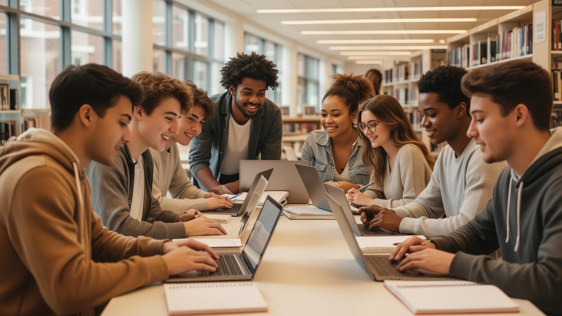 Students collaborating in a modern UK university library